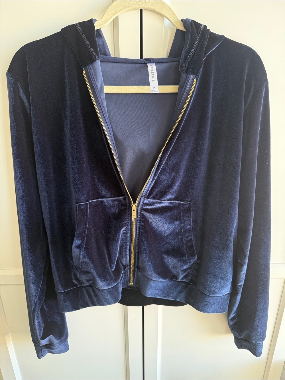 Fabletics Navy Velvet Zip Hoodie with Gold Zipper